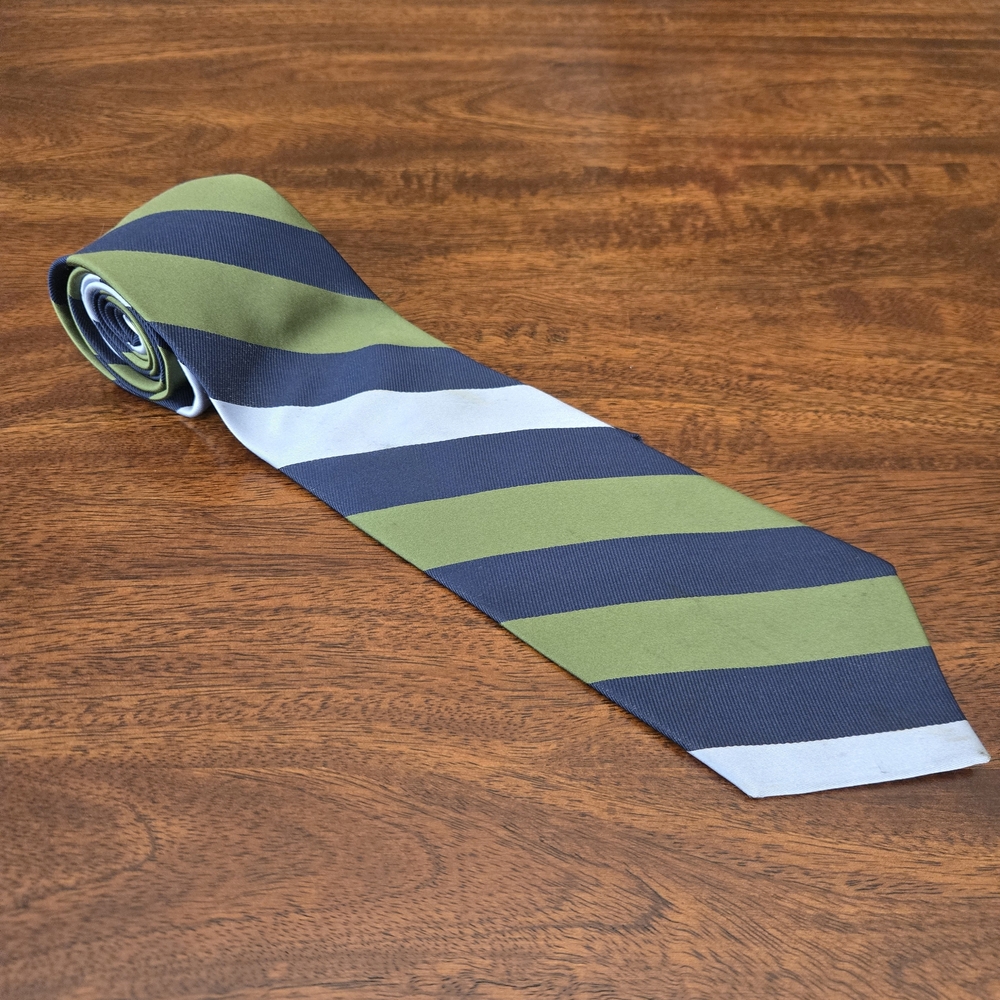 Peter Millar Olive Green Navy and Light Gray Striped Hand Folded Silk Tie